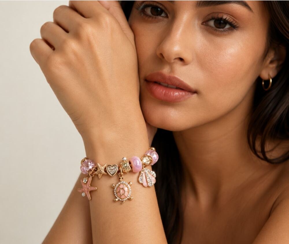Ocean Sea Beach Pendant Charm Bracelet Pink and Gold Stainless Steel New